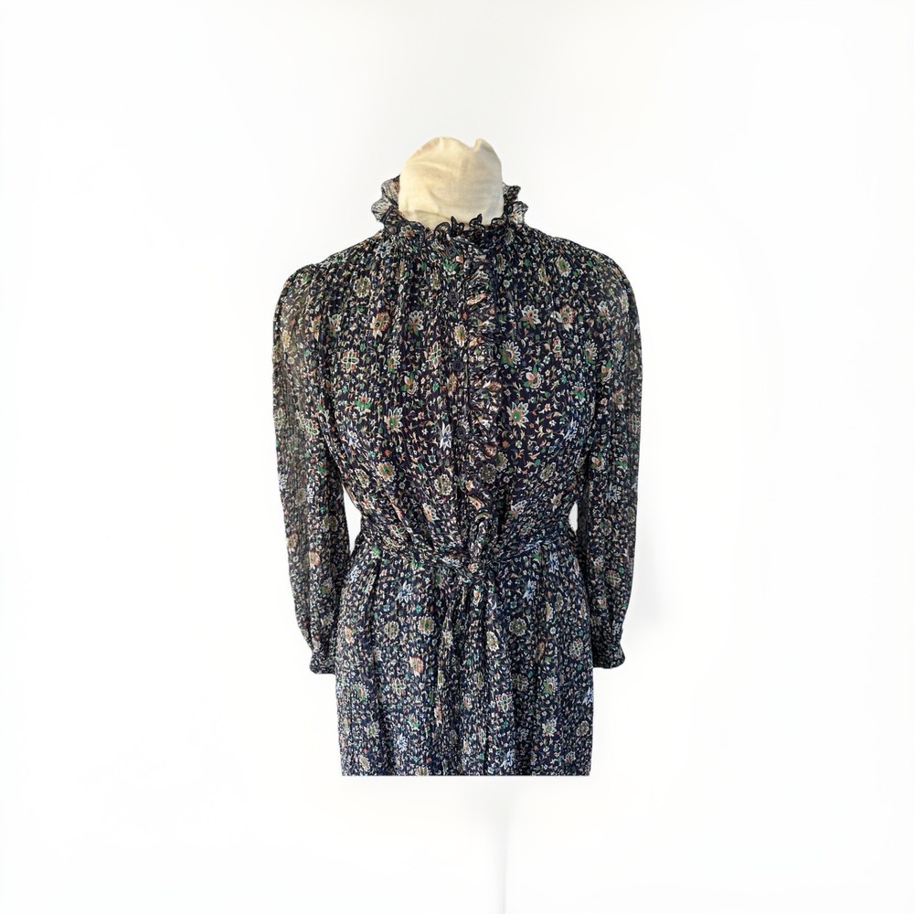 NWT‎ Tory Burch Deneuve Floral Print Ruffle Trim Dress Navy Soleil 4 Sheer Lined